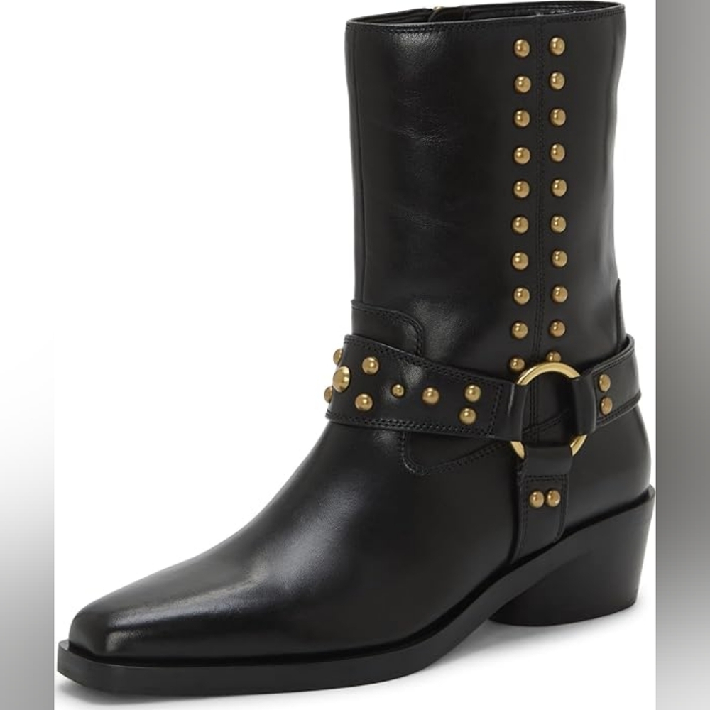 Vince Camuto roista black moto booties – edgy studded ankle boots size 8.5